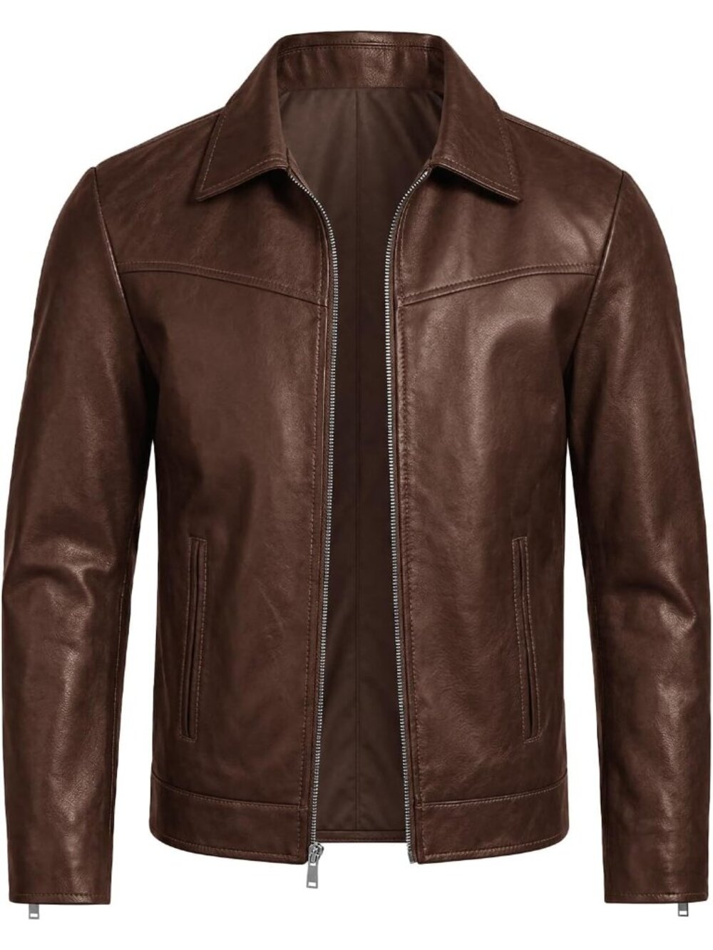 Men Brown Leather Long Sleeve Zipper Cuffs Two Slant Pockets Motorcycle Jacket
